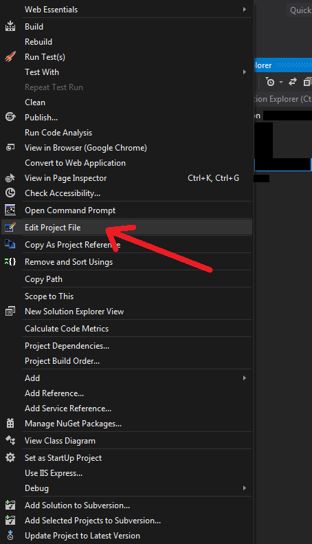 Edit project file context menu