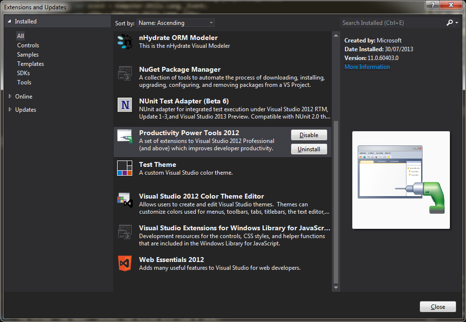 Visual Studio 2012 extensions window