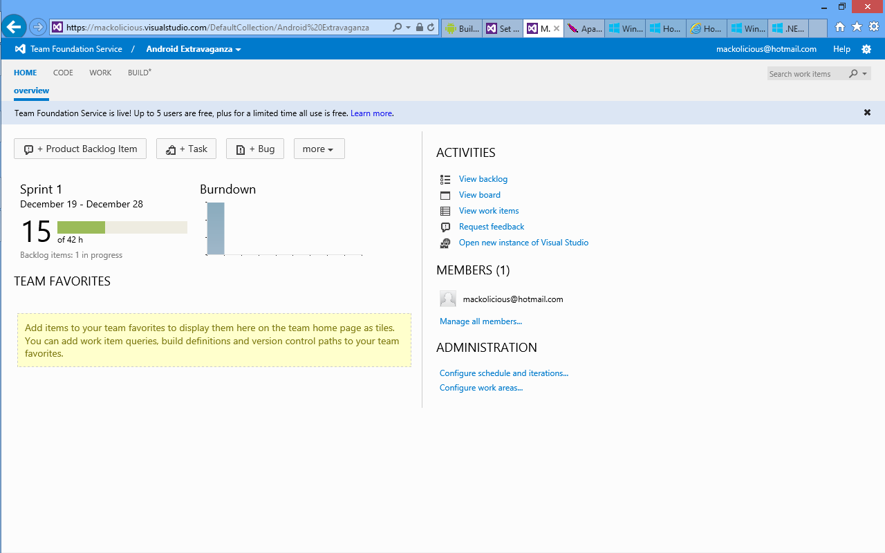 Team Foundation Service dashboard